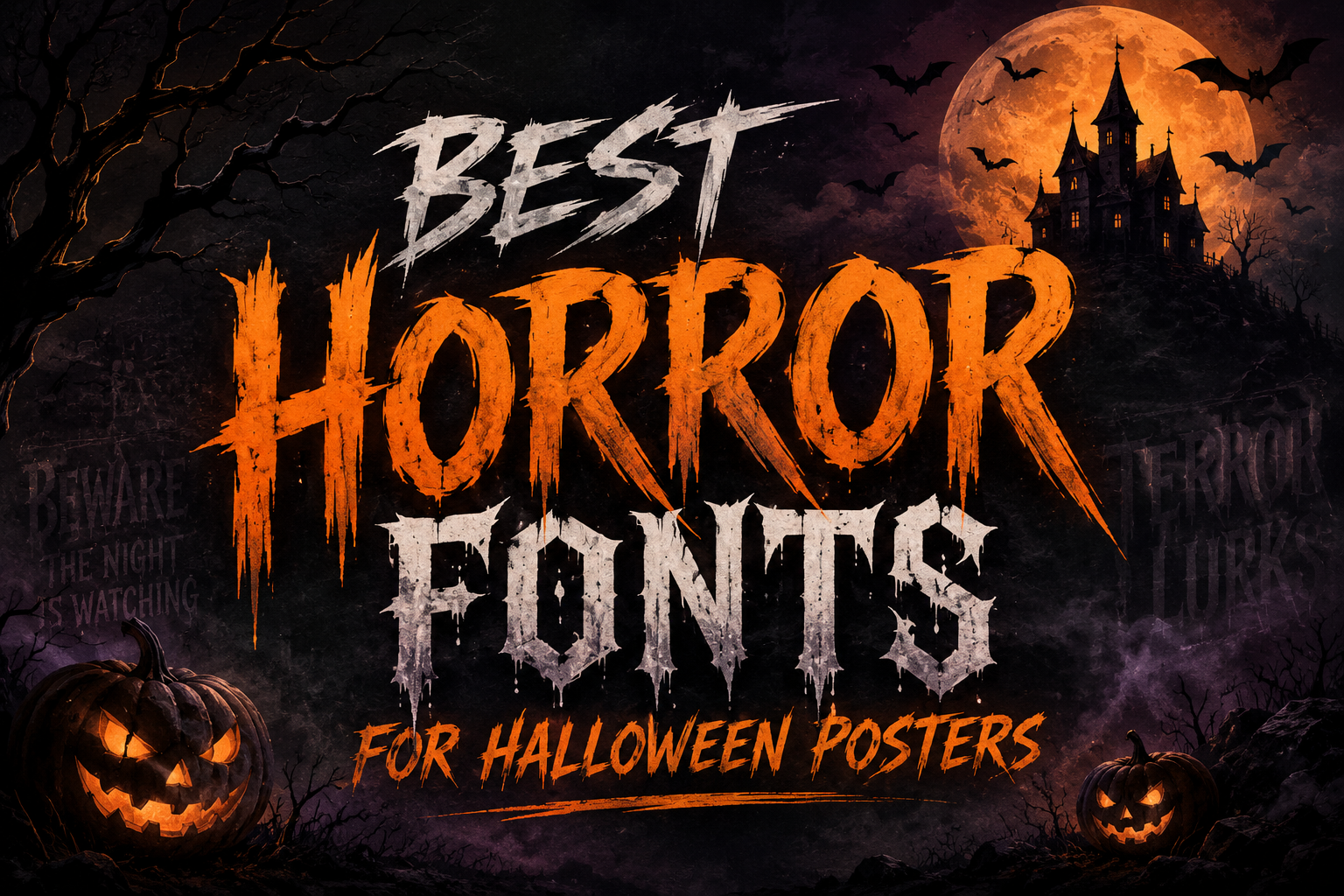 Best horror fonts for Halloween posters with spooky typography, haunted house, pumpkins, bats, and dark Halloween background