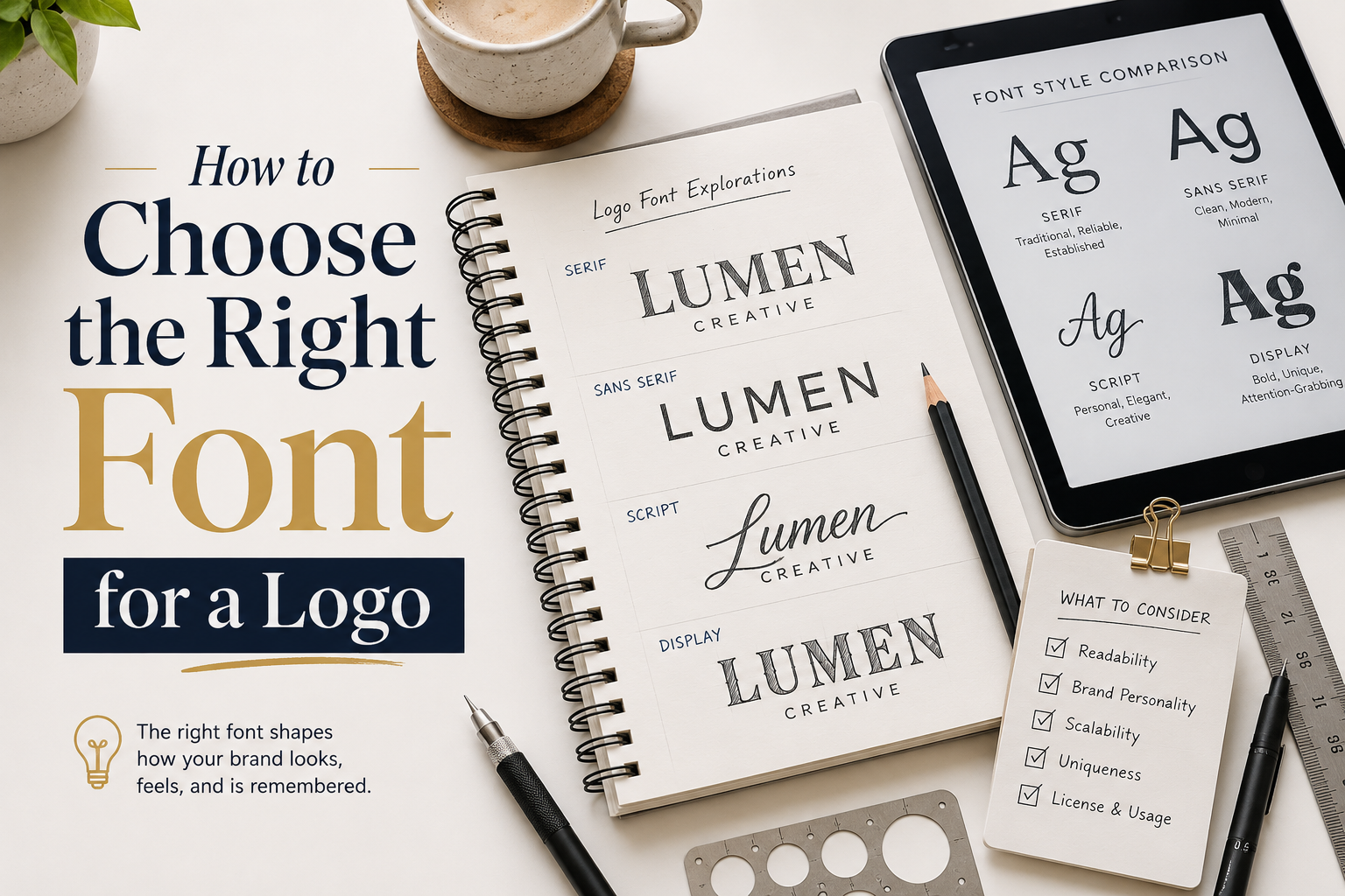 Typography workspace showing logo font style comparisons and a checklist for choosing the right font for a logo.