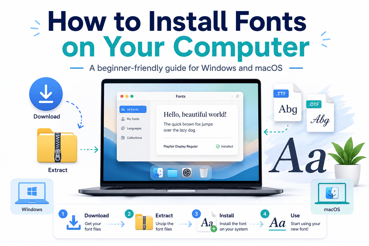 Illustration showing how to install fonts on your computer using TTF and OTF font files on Windows and macOS