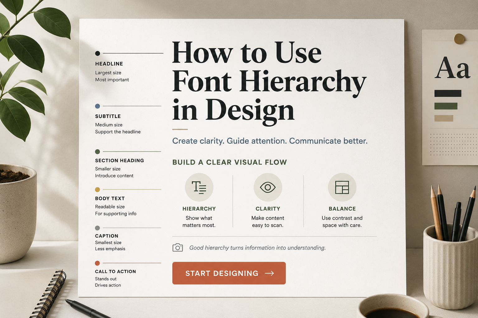 Typography hierarchy layout showing headline, subtitle, body text, caption, and call-to-action button