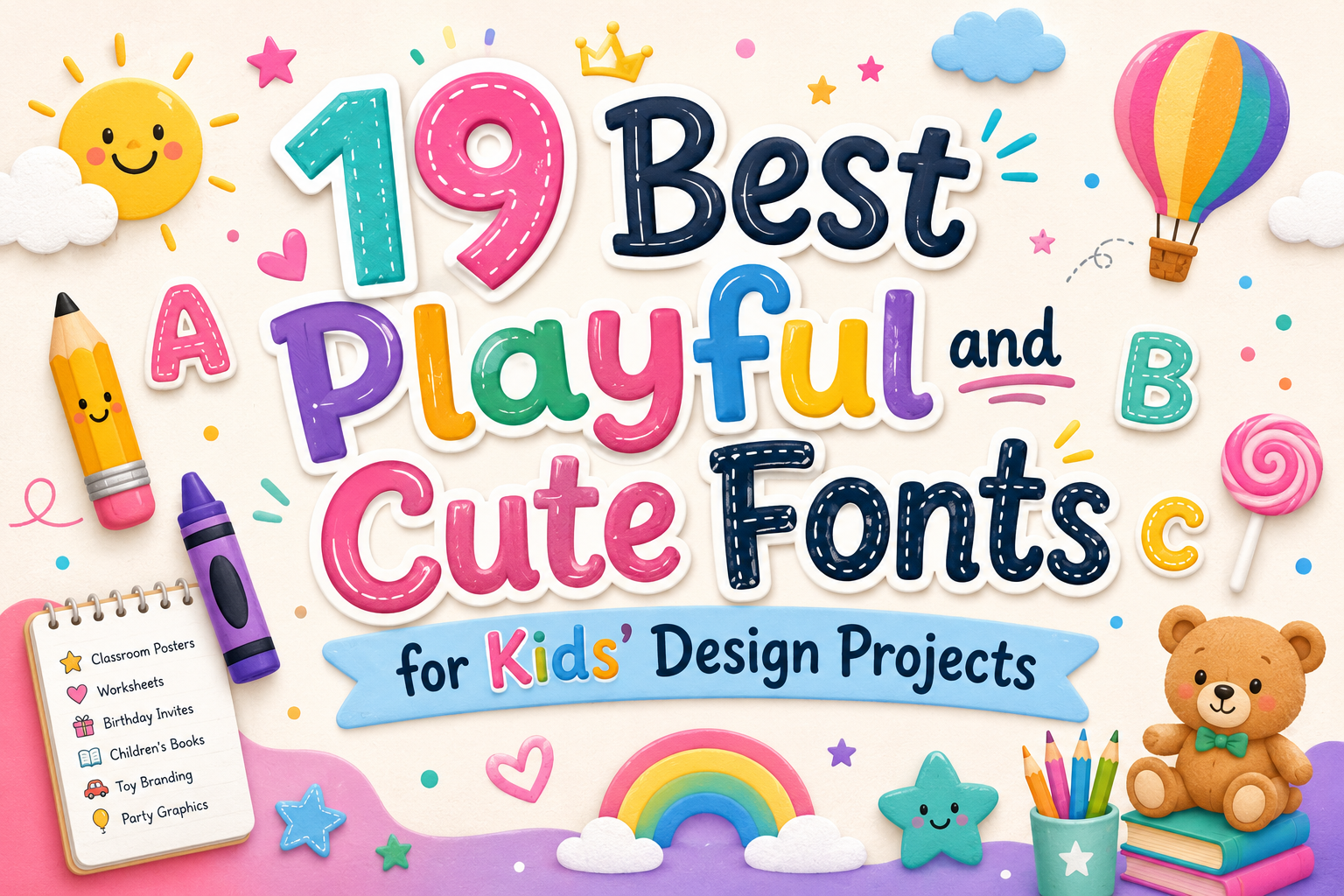 Playful and cute fonts for kids design projects with colorful letters, school supplies, toys, and cheerful children’s graphics