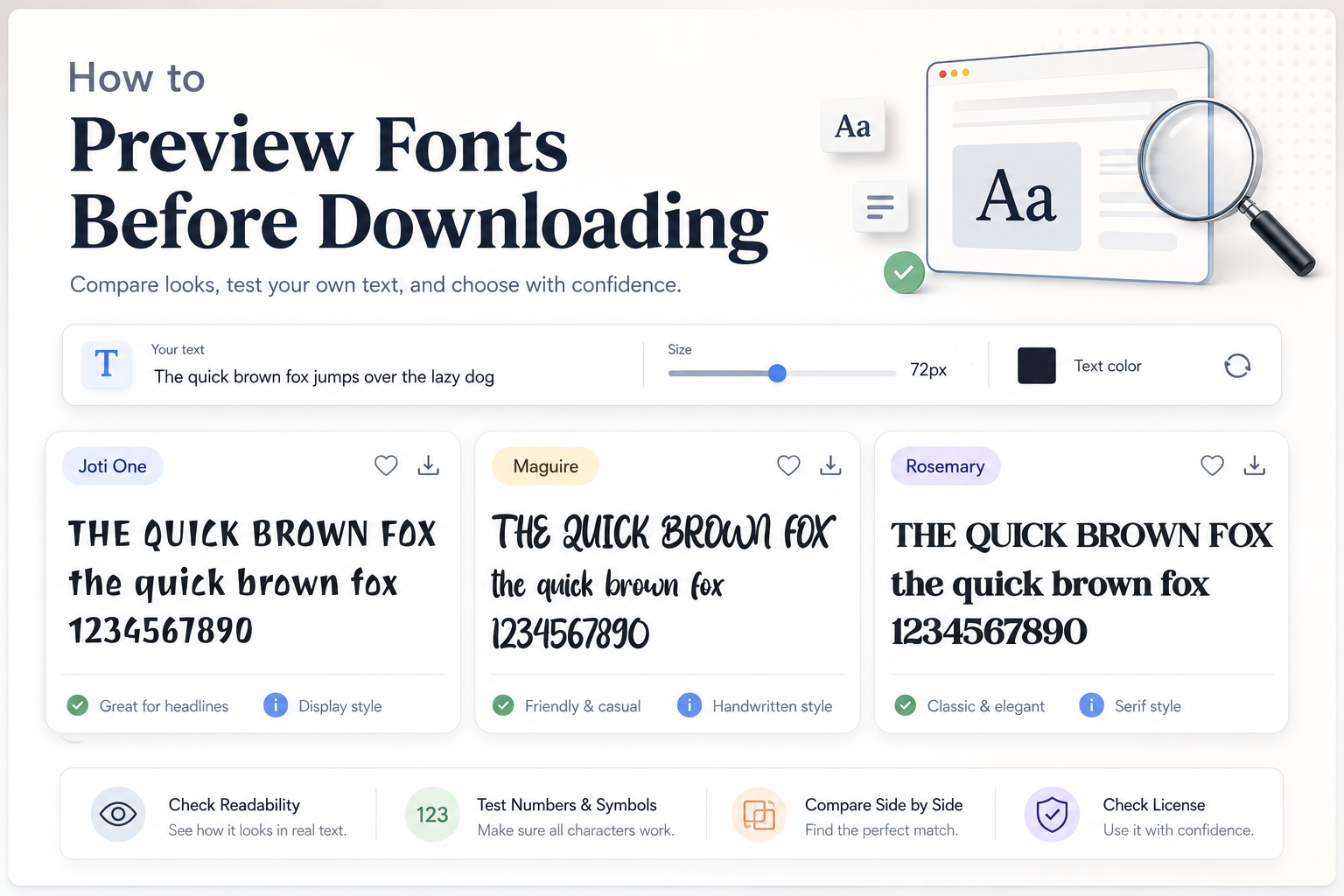 Font preview interface showing how to preview fonts before downloading