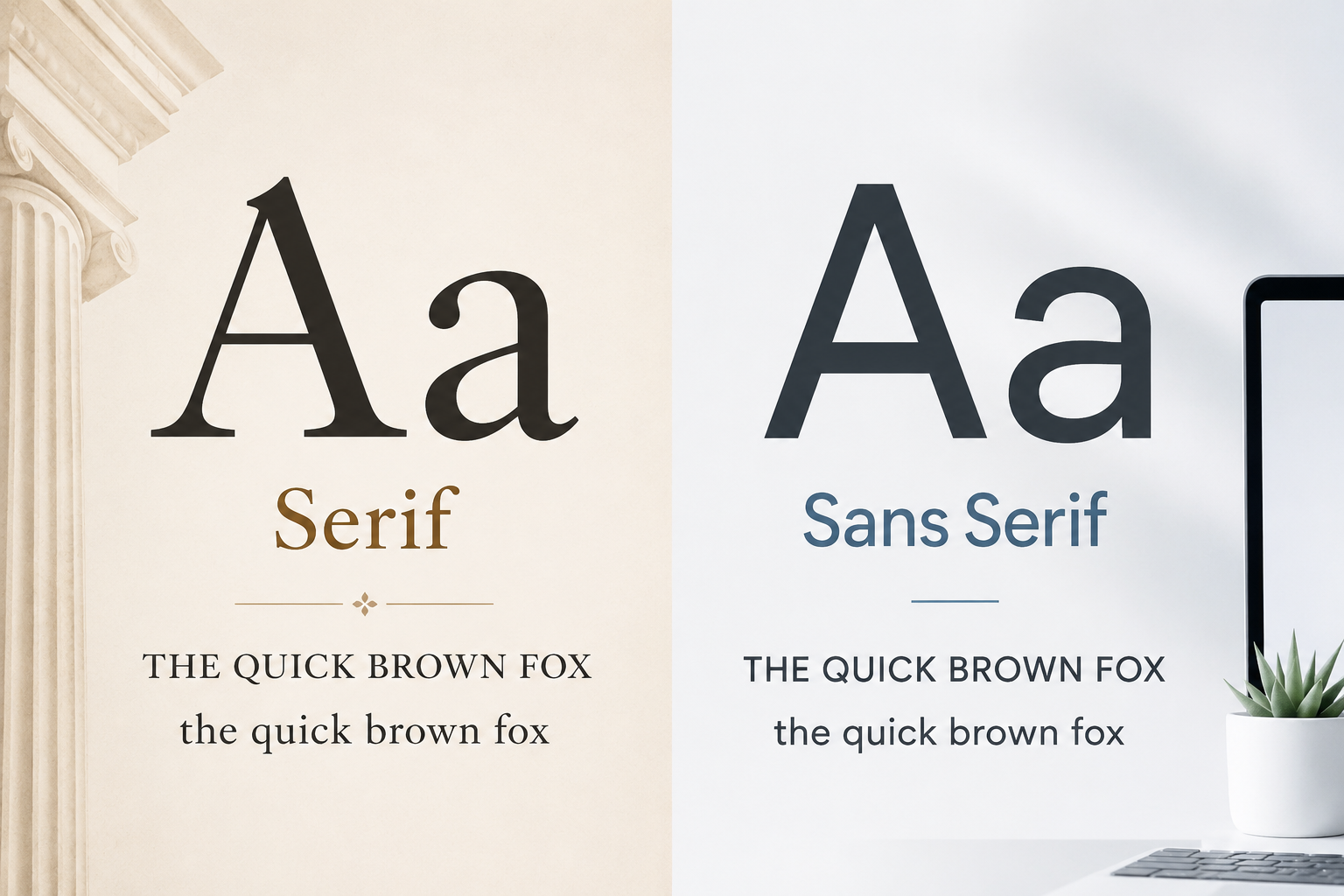 Serif vs sans serif fonts comparison showing classic serif letters and modern sans serif letters
